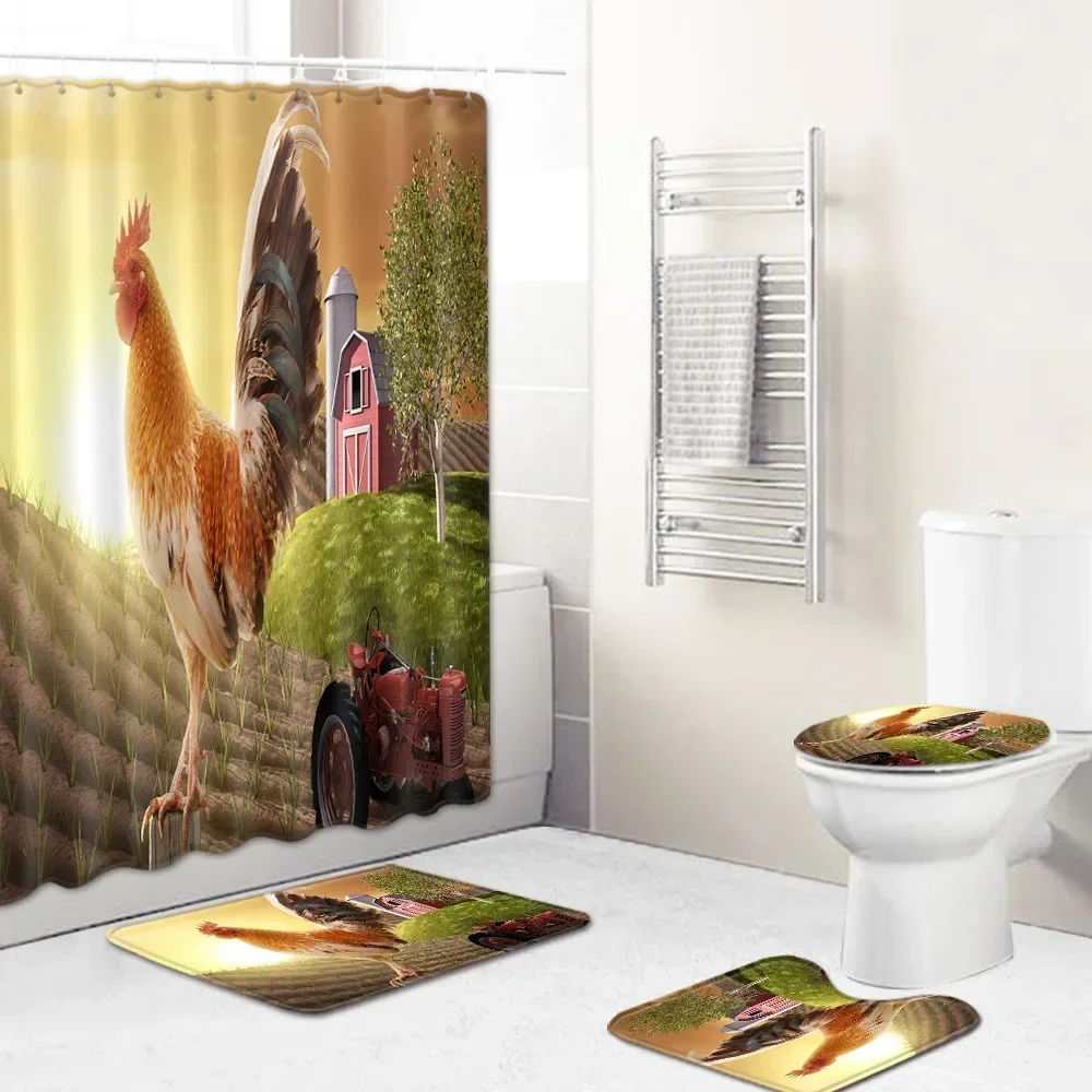 Home Waterproof Print Shower Curtain 4 Piece Carpet Cover Toilet Cover Bath Mat Pad Set Bathroom Curtain Bathroom Decoration 4