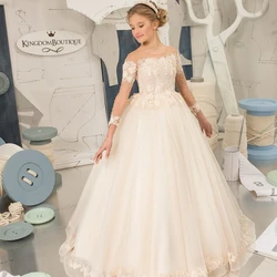 Lorencia Lovely Lace Appliques Puffy Sleeves Flower Girl Dress For Wedding Long SLeeve Princess Tulle First Communion Gown YFD55