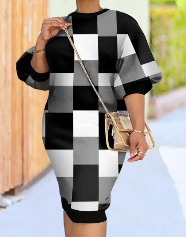 

Women Dresses 2023 Autumn Fashion O-Neck Geometric Print Colorblock Lantern Sleeve Casual Daily Pencil Midi Dress Female Clothes