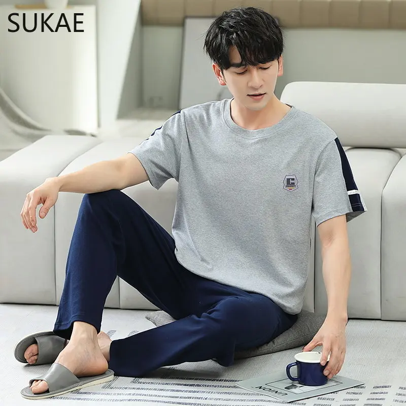 SUKAE L-5XL Plus Size Cotton Pajamas Set for Man Summer Short Sleeves Casual Sleepwear for Boy Elegant Men Leisure Homsuits Pjs