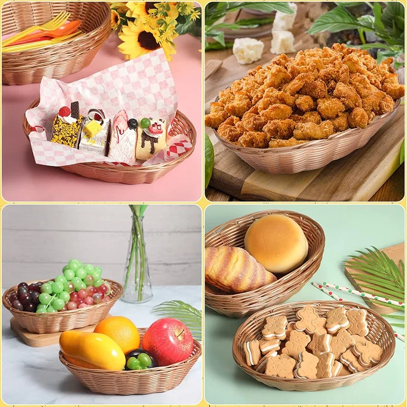 12Pcs Handwoven Oval Plastic Basket, Wicker Bread Baskets, Tabletop Fruit Vegetables Food Serving Basket for Home & Kitchen 5