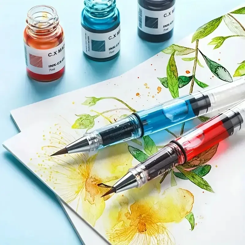 Self-priming watercolor pen piston ink pen can be filled with water (no liquid pigment) for painting calligraphy and coloring washable watercolor pen watercolor pen