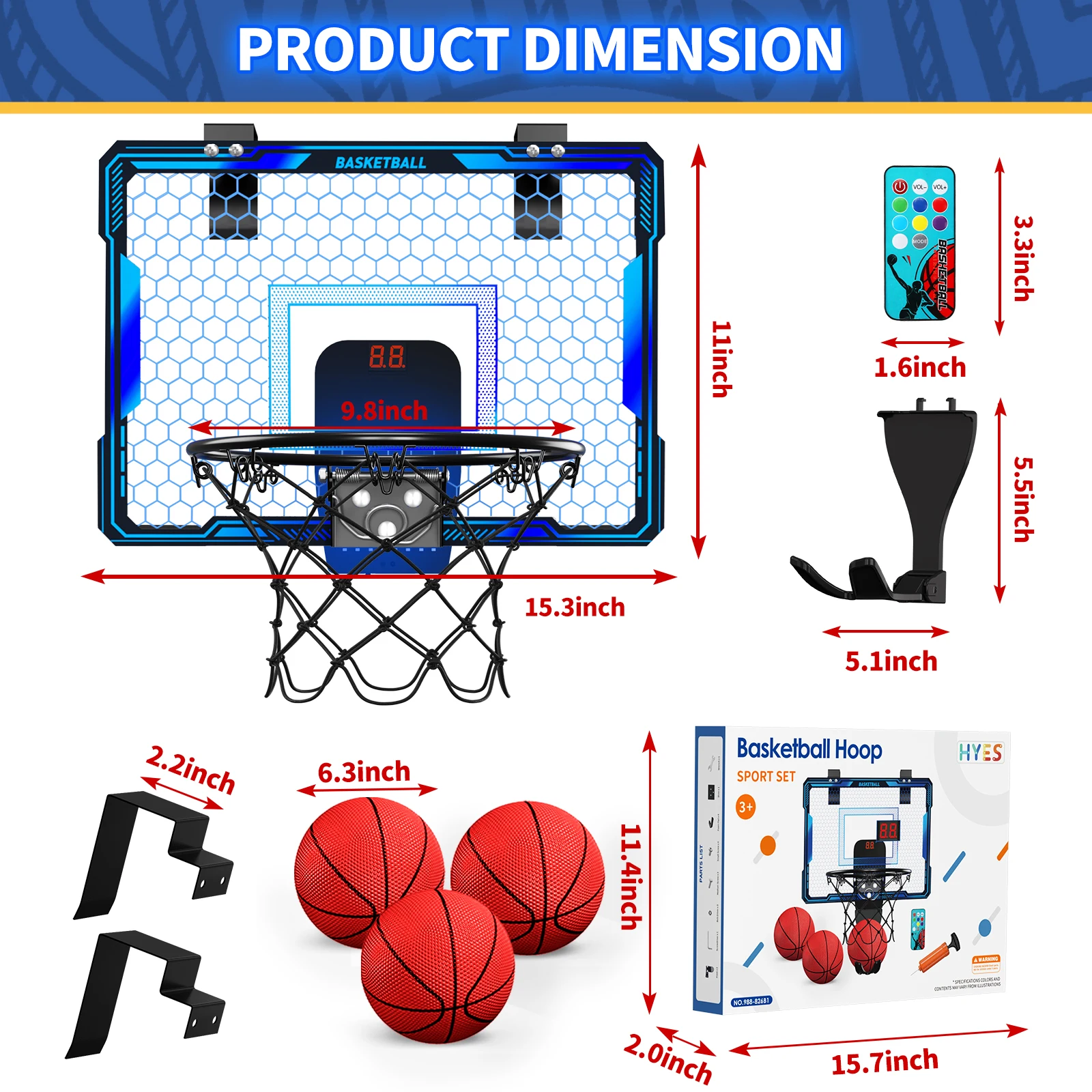 Remote Control Basketball Hoop Indoor with 7 LED Lighting, Over Door Basketball Hoop, Basketball Toys Gift for Kids, Adults