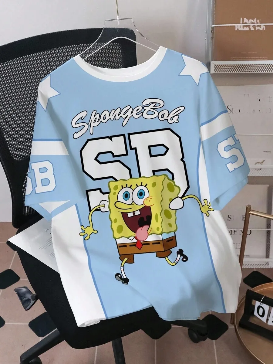 2026 Summer New SpongeBob Kids Sports Jersey Shirt Short Sleeve Family Dress Boys Girls Loose Large Fashion Casual T-shirt Top