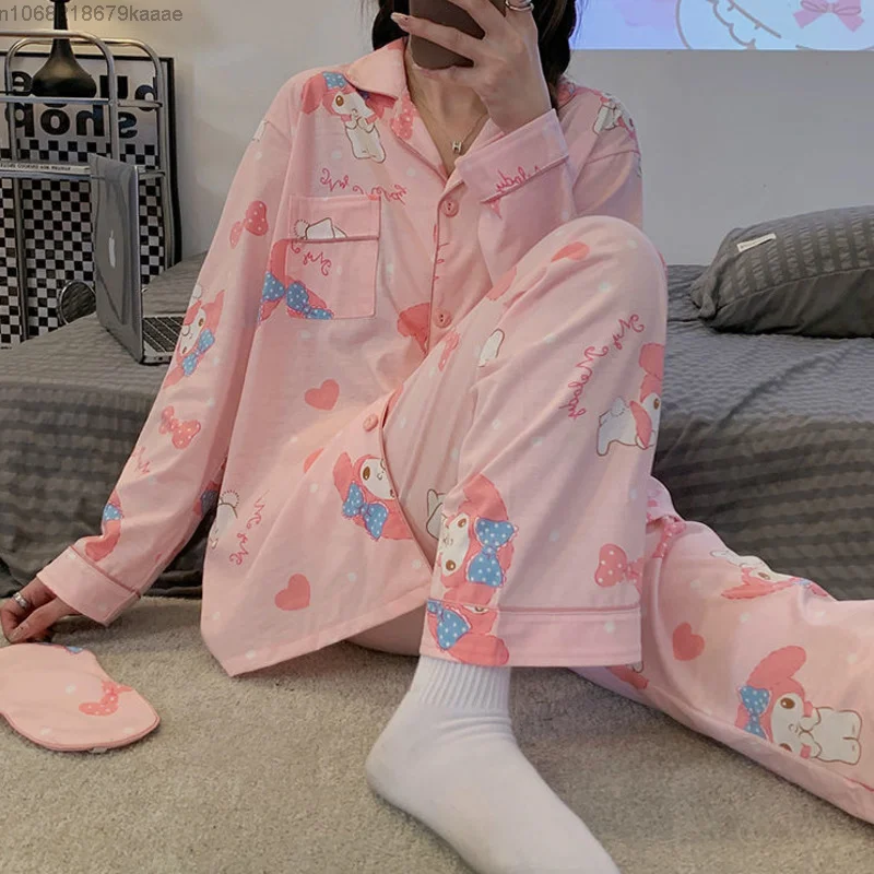 Sanrio Hello Kitty Short Sleeve T-shirts Loose Pants 2 Piece Set Women Cute  Pajamas Y2k Summer Tops Trousers Soft Sleepwear Suit