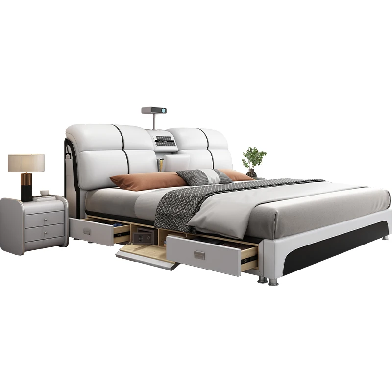 

Leather bed, modern simple light luxury, master bedroom, double multi-functional storage, soft leather upholstery