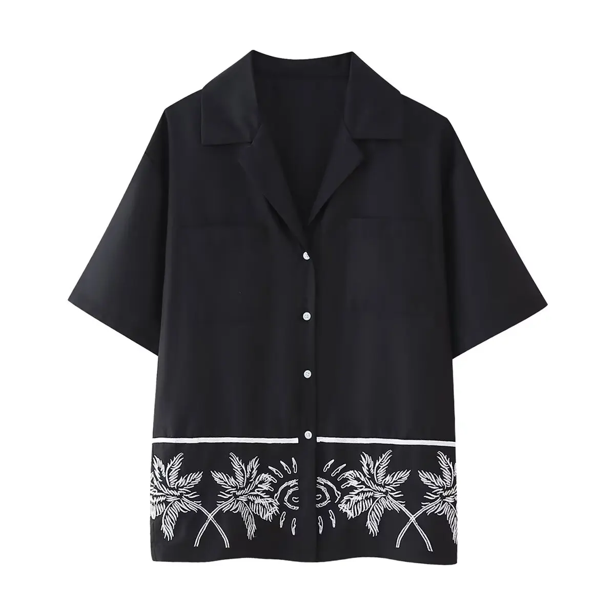 thumbnail image 1 of Conjunto de 2 piezas de moda para mujer HH TRAF, camisa de media manga con solapa bordada y botonadura sencilla + pantalones elegantes negros con cintura elástica, 1 of 4