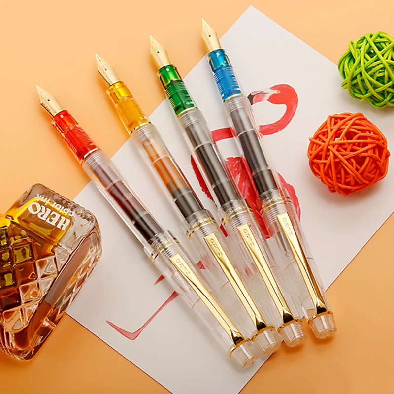 Hero 1202 High-end Transparent Extra Fine Nib 0.38mm Fountain Pen Golden Trim Inking Pens Office School Writing Tool Pen