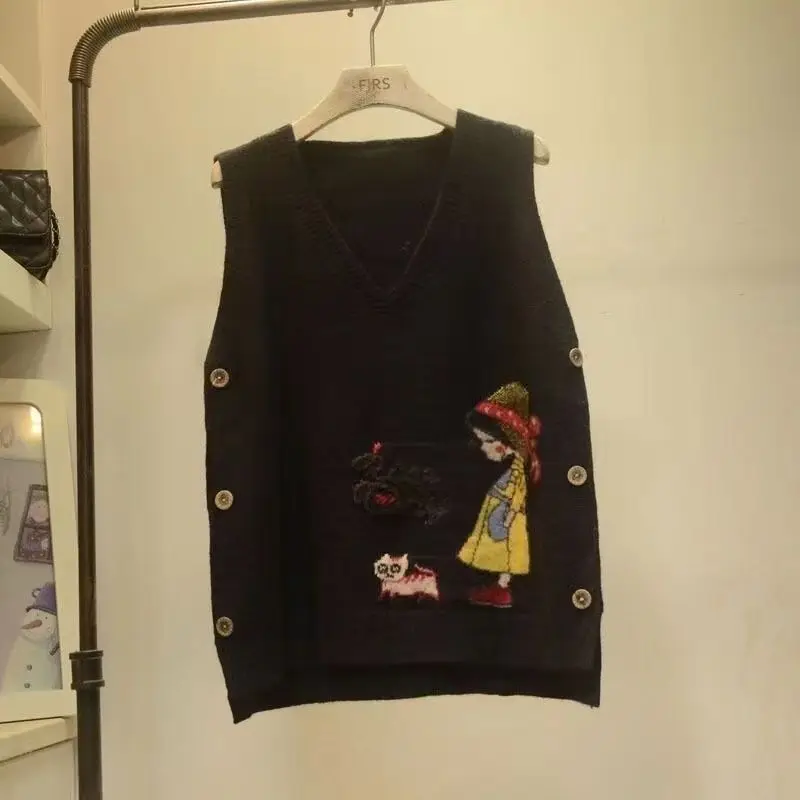 2024 Spring and Autumn New Age Reducing Cartoon Knitted Vest Women's Academy Style Knitted Sweater Vest