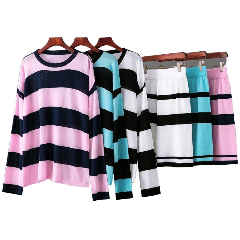 

Summer 2-Piece Knitted Large Size Loose O Neck Fashion Color Matching Striped Sun Protection Clothing + Short Suit For Women