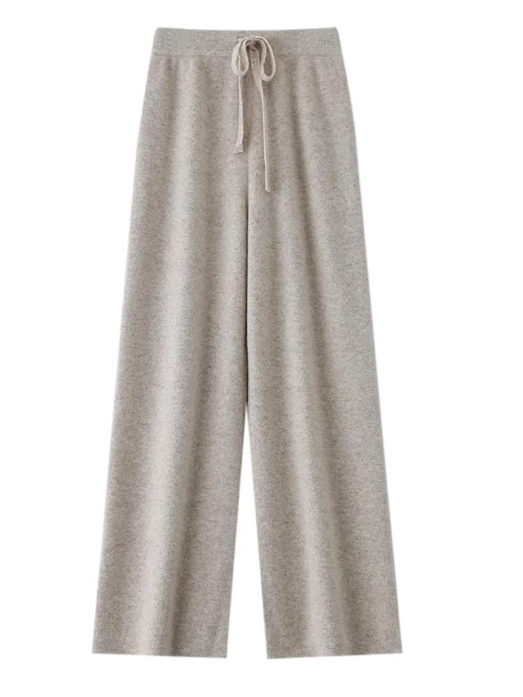 Pantaloni da donna Pantaloni di lana merino al 100% Autunno Inverno Maglione Pantaloni a gamba larga Legatura Elastico Casual Basic Morbido Caldo Pantaloni in maglia 5