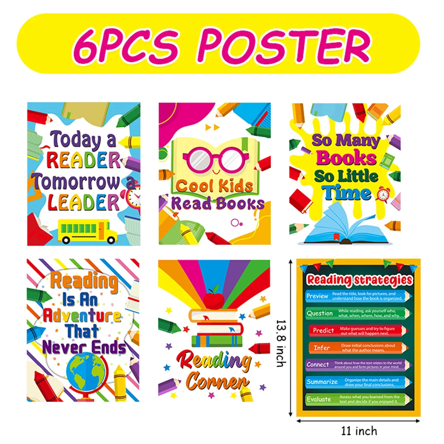6Pcs Crayon Book Corner Posters Reading Corner Library Decor Inspirational Reading Poster For Room Bulletin Board Decoration