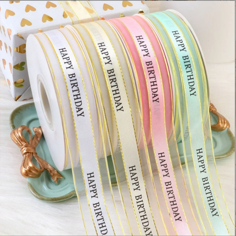 

Customized logo Chiffon Lace Ribbon Flowers Gift Cake Package Birthday Wedding Decoration Print Name