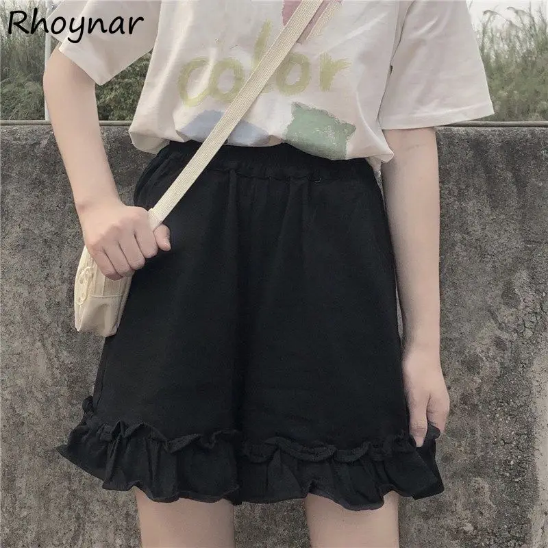 

Solid Shorts Women Korean Fashion Design Elastic Waist Ruffles All-match Casual Daily Popular Baggy Summer Sweet Students Cozy