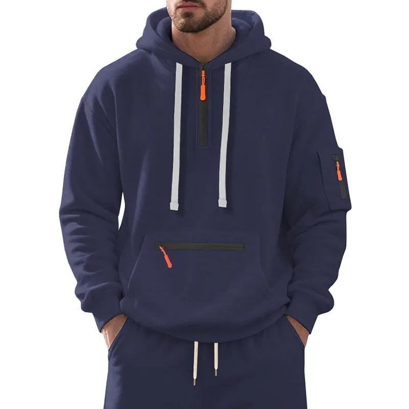 Mens Casual Autumn Winter Long Sleeve Zip Hooded Sweatshirt