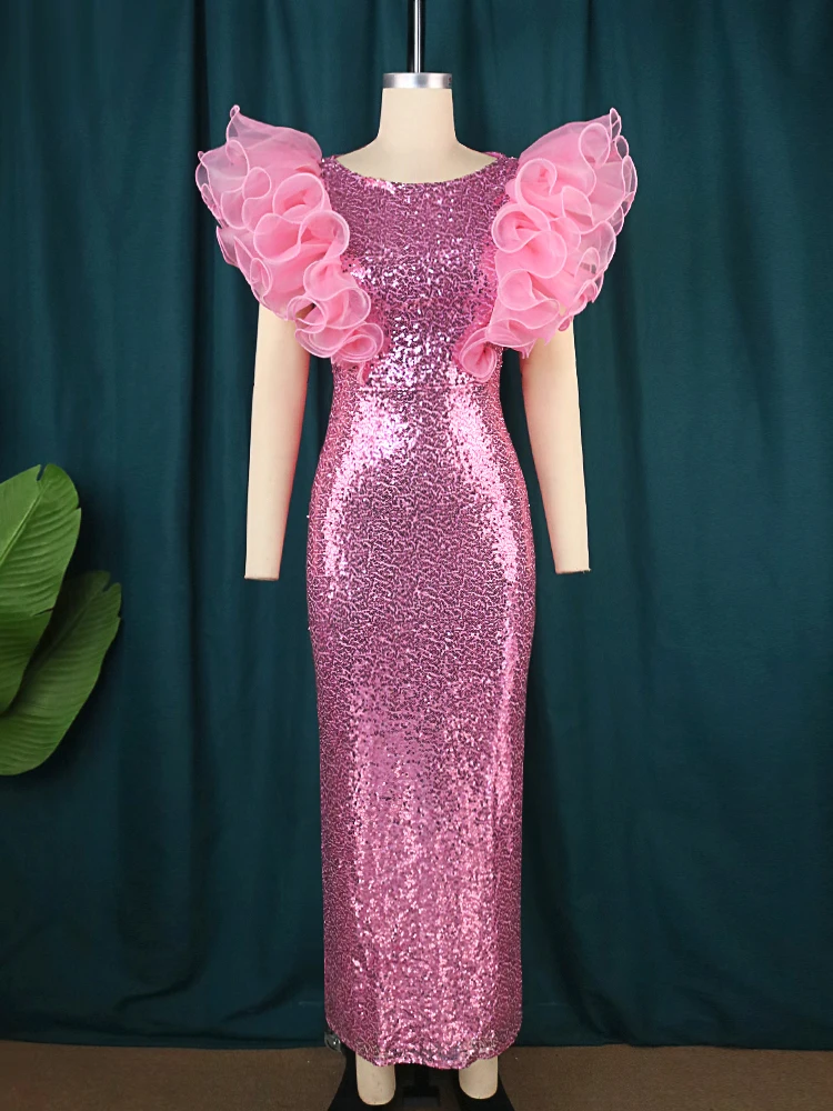 Pink Sequin Dress for Elegant Women Plus Size Party Ruffles Sleeveless Curvy Long Cocktail Chirstmas Evenging  Event Gowns 4XL