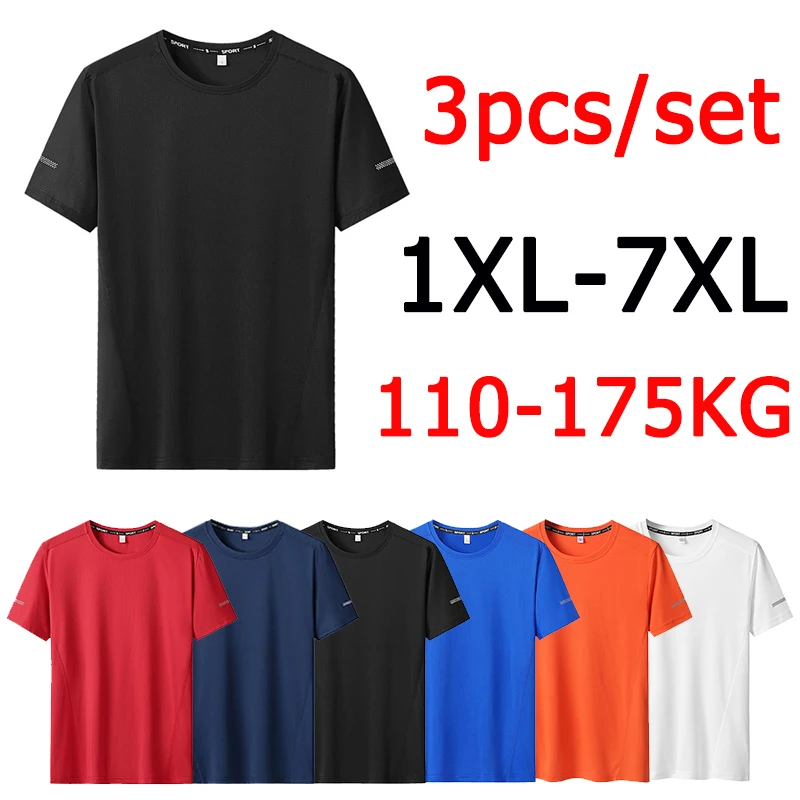 3pcs Summer Sport T-shirt Men Plus Size 6XL/7XL Quick Dry Tees Oversized Round Neck Short Sleeve Fitness Running