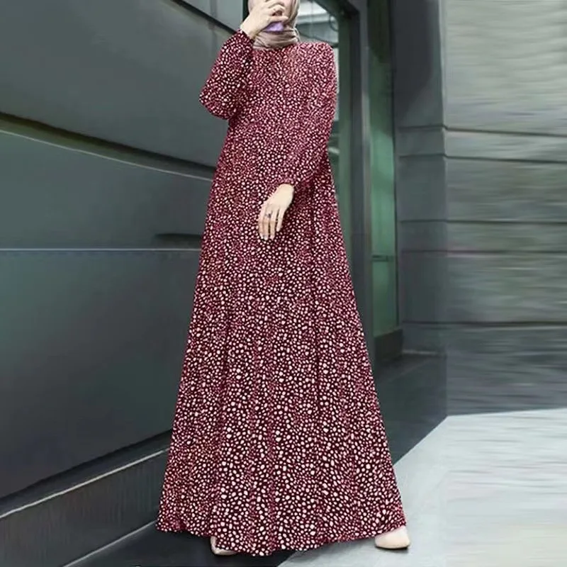 New Middle East Muslim Comfort and Casual Polka Dot Long Sleeve Pullover Loose Waist Long Dress dress  kaftan  evening dresses