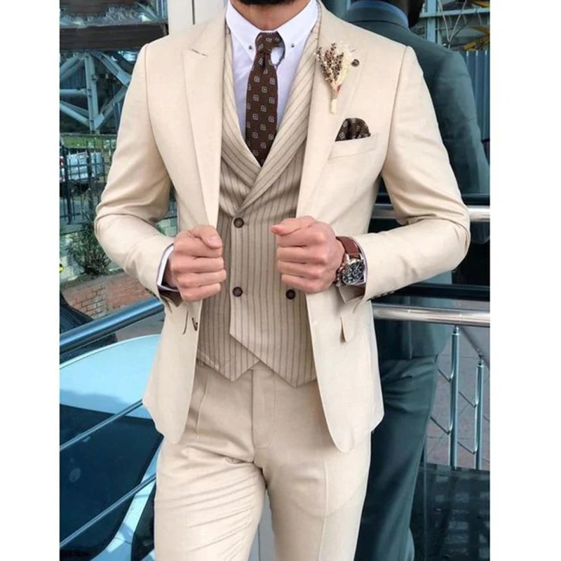 

Beige Suits for Men Elegant Casual Smart Solid Color Single Breasted Peaked Lapel 3 Piece Jacket Pants Vest Slim Fit Blazer