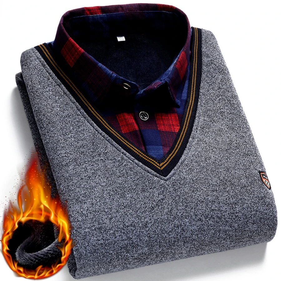 Turtleneck Sweater Men's Fake Two Piece Knitted Pullover with Plush Polo Collar Warm Top