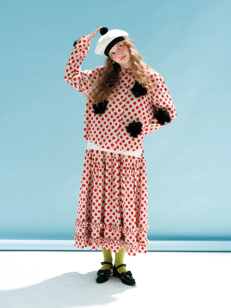 imakokoniオリジナルレッドドット柄 セット imakokoni Original design lapel cardigan red polka dot long