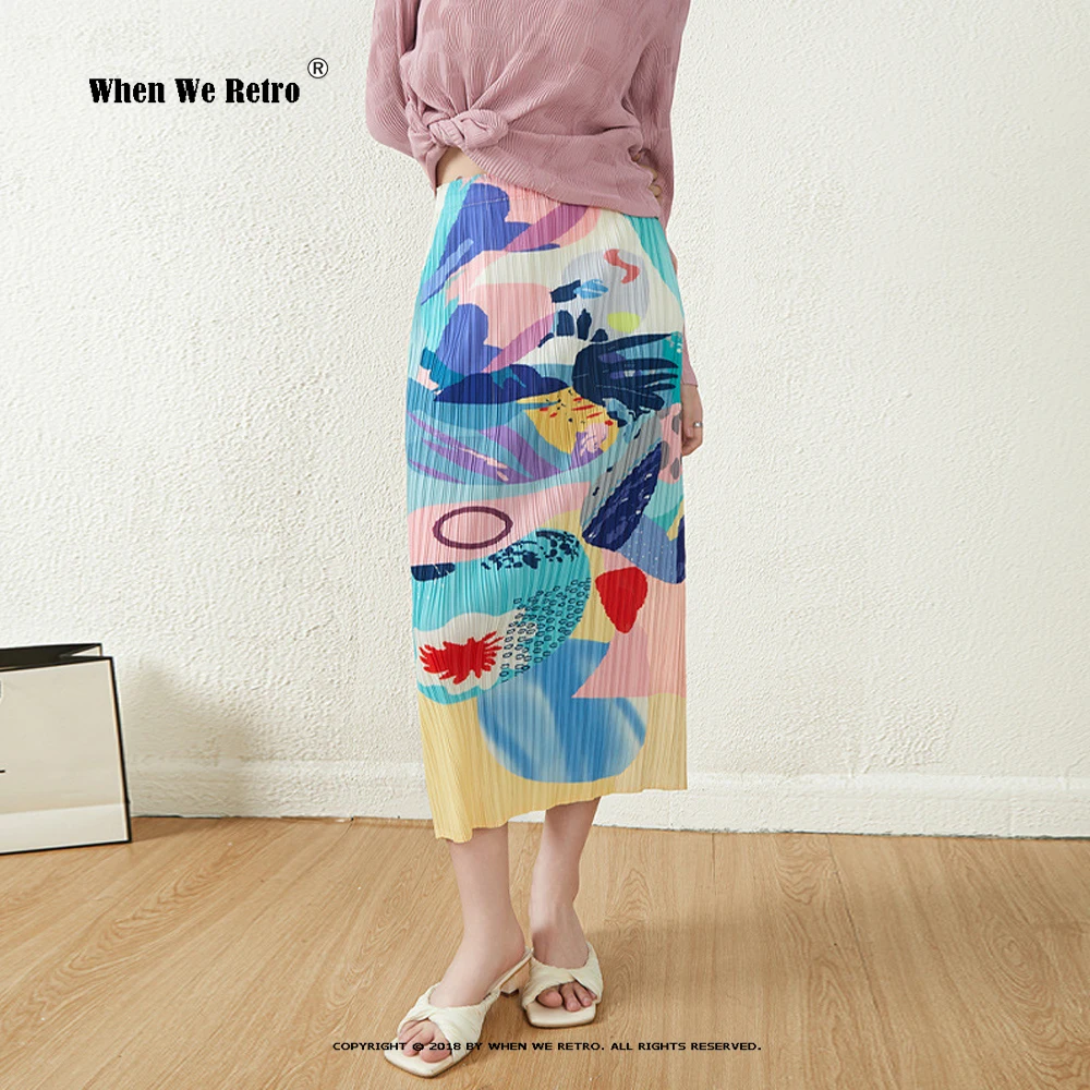 

New Women's High Waist Draped Half Body Skirt Women Pleated Skirt Mid Length Fashionable Print Graffiti Midi Skirt Women VP0078