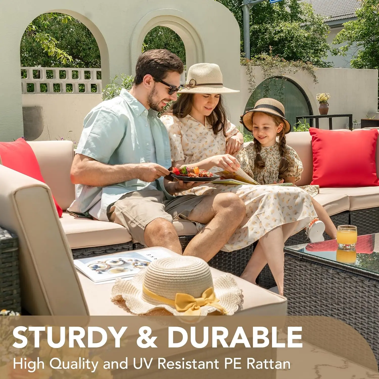 Patio Furniture Sets 6 Pieces Outdoor Sectional Rattan Sofa Manual Weaving Wicker Patio Conversation Set with Glass Table(Beige)