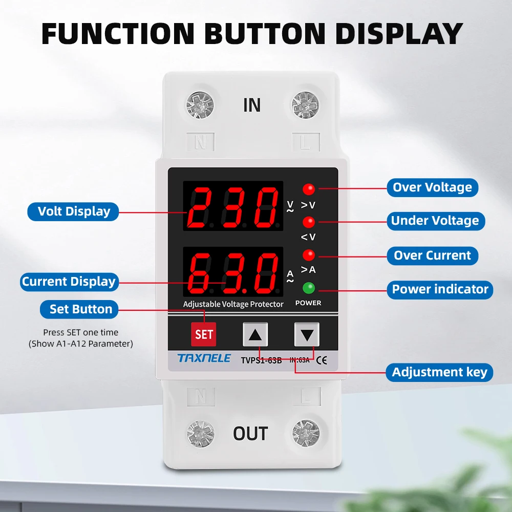 Din Rail Adjustable Digital Over Under Voltage Relay Surge Protector Limit Over Current Protection Dual Display 40A 63A 230V