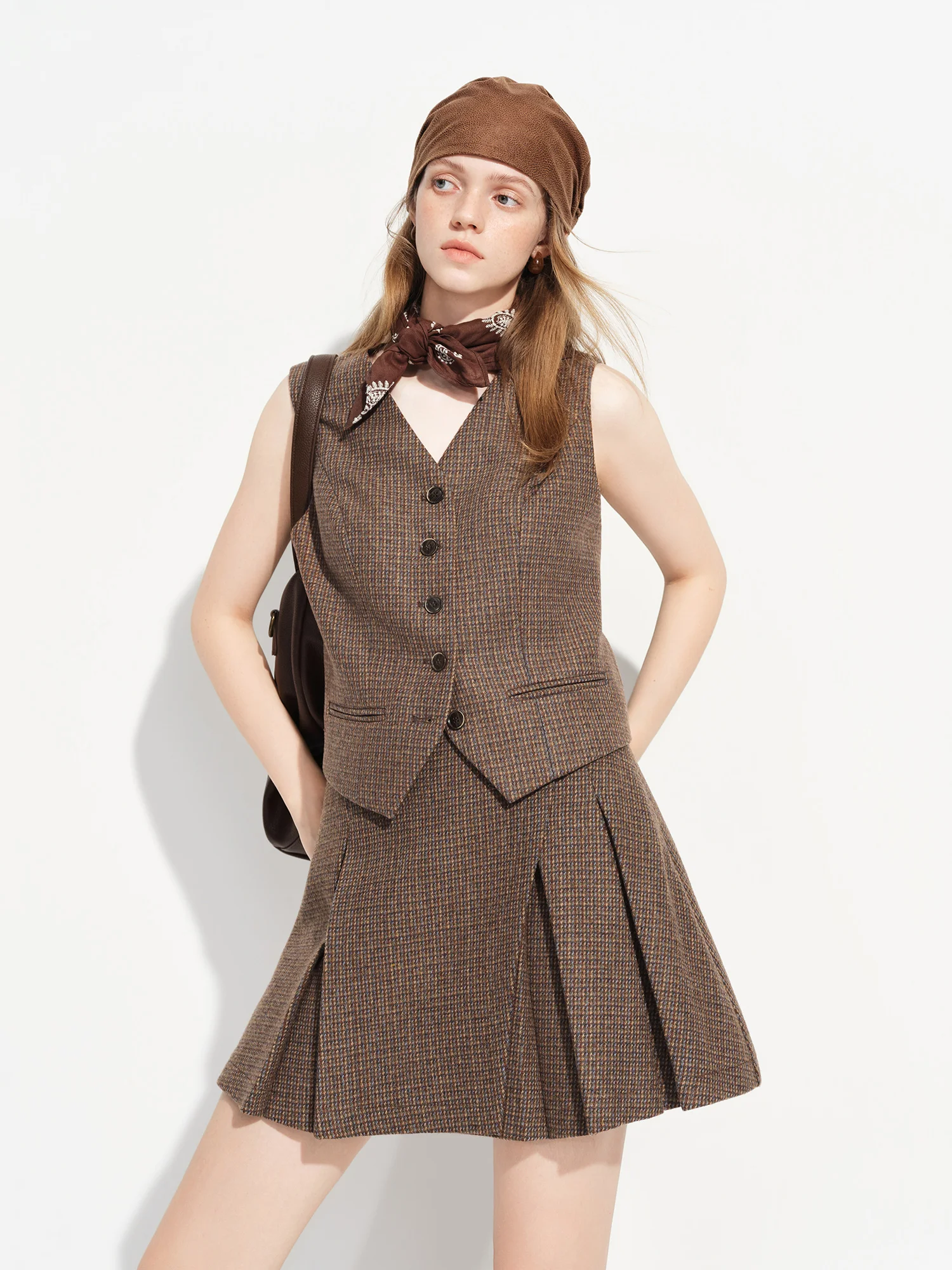 FSLE【Premium Series】New Women's Brown Wool Checkered Suit Set Blazer Vest Skirt Three Piece Coord Vintage Office Chic Suiting Sf42b5594e8b641fa8a95c1972c561273k