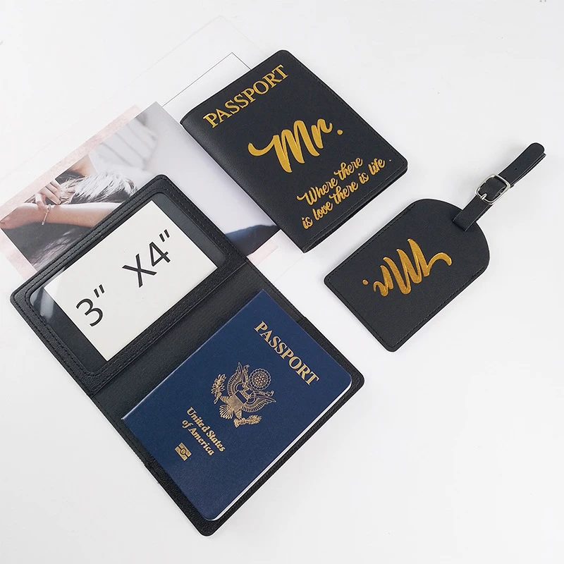 Spot New Cross-border Pu Leather Hot Gold Wedding Gift Mr. Miss Certificate Bag Passport Bag Luggage Tag