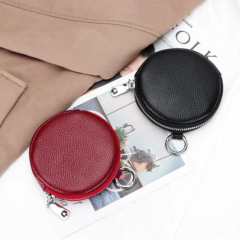 Leather Coin Round Change Purse Coin Pouch Keychain Full Grain
