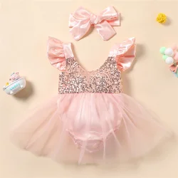 Barboteuse à manches courtes pour nouveau né fille de 0 à 24 mois, barboteuse à paillettes, Patchwork, body, bandeau, fête d'anniversaire, mariage 