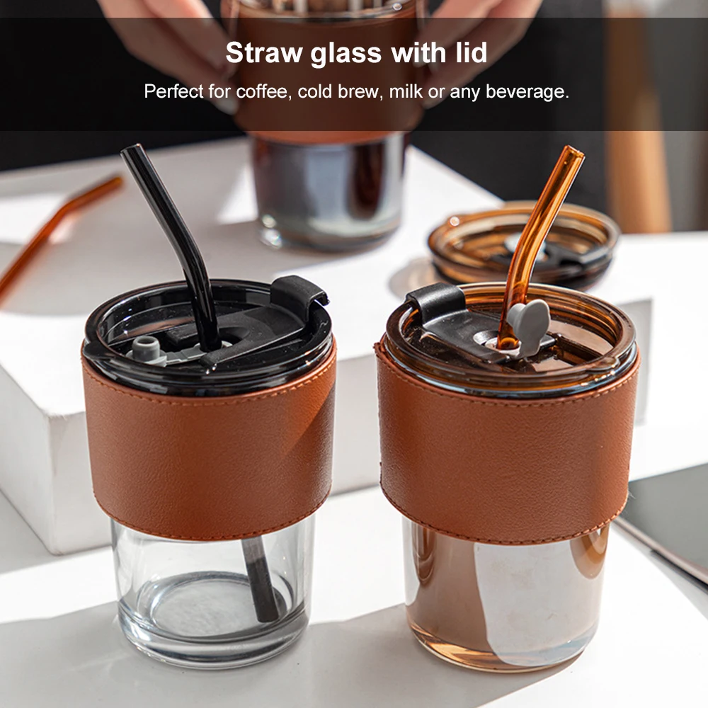 cosnou 13oz/400ml Ice Coffee Glass Tumbler, Thick Wall Water Glass Cup Mug Tea with Straw and Lid Sealed Carry on (Gray)