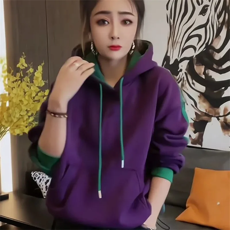 Heavy weight European Autumn And Winter 2025 New Long Sleeved Women's High-End Top Purple Hooded Contrasting Sweatshirt Jacket