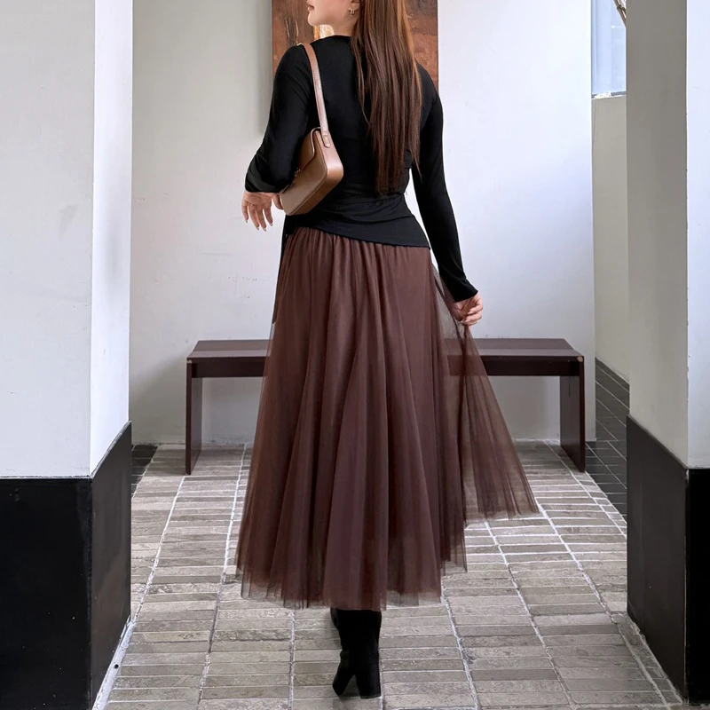 XXXL Fashion Plus Size Women Mesh Skirt Premium Elastic Waist Romantic Coffee Solid Color Bottoms For Autumn Winter 8264