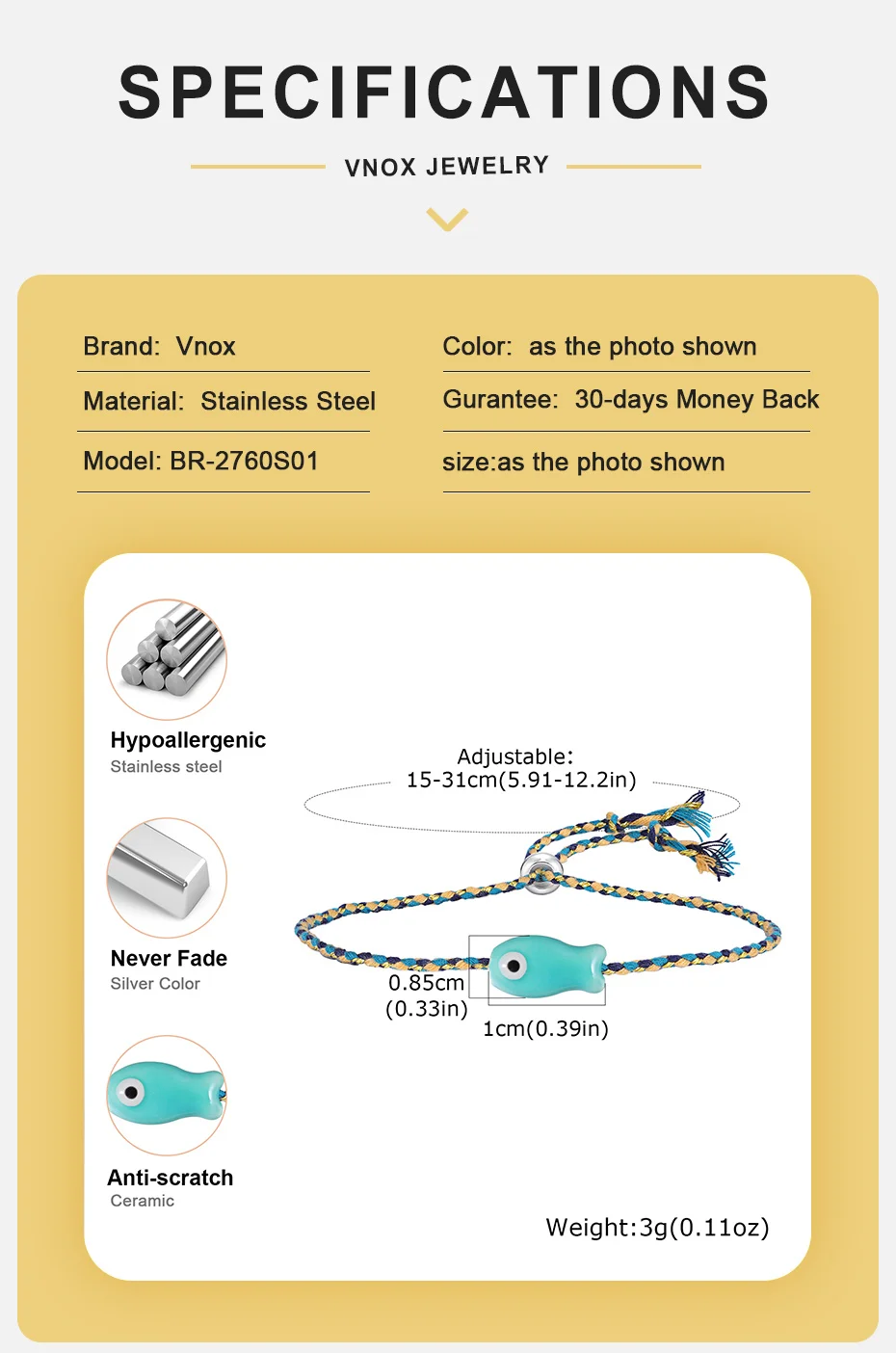 Vnox Trendiges Mehrfarbiges Ozean-Themen Keramik-Fisch Geflochtenes Armband Boho Charm Seil-Armband Freundschafts-Sommer-Strand-Schmuck – Detail 7