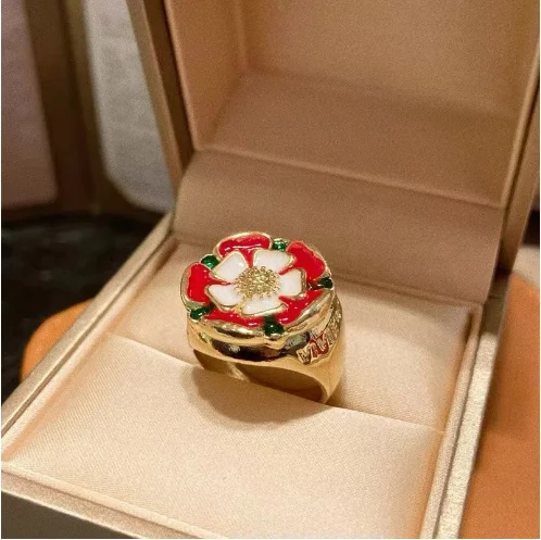 Light And Extravagant Drop Glaze Fashionable Color Enamel Retro Return Western Empress Dowager Tudor Rose Ring