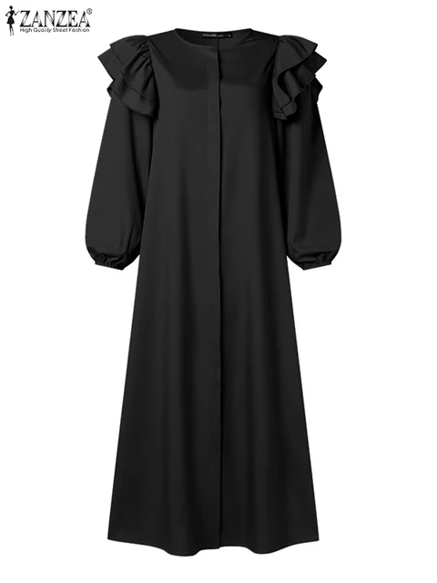  - ZANZEA 2023 Fashion Women Long Sleeve Muslim Abaya Dress Elegant Spring Ruffles Solid Sundress Robe Femme Dubai Turkey Vestido