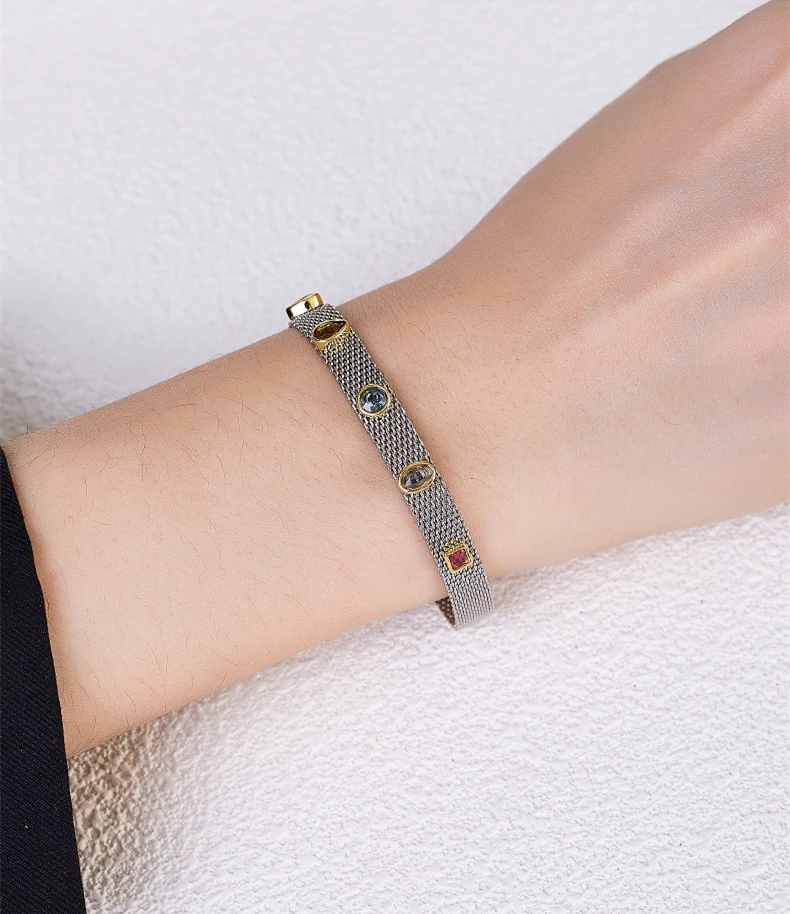 Silver Natural Tourmaline Woven Safety Chain Bracelets,  Minimalistic Geometric Chic Bracelet