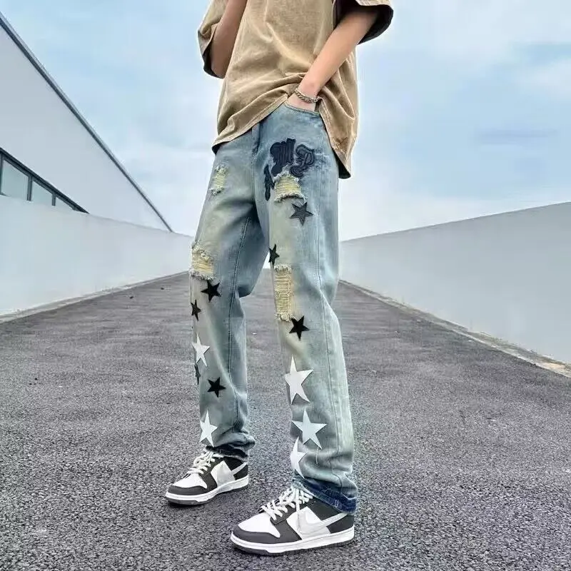 Summer Star Embroidered Word Art Jeans Men's Ripped Casual Slim Cotton Stretch Scratch Blue Gradient Splashing Ink Pants Hole 24