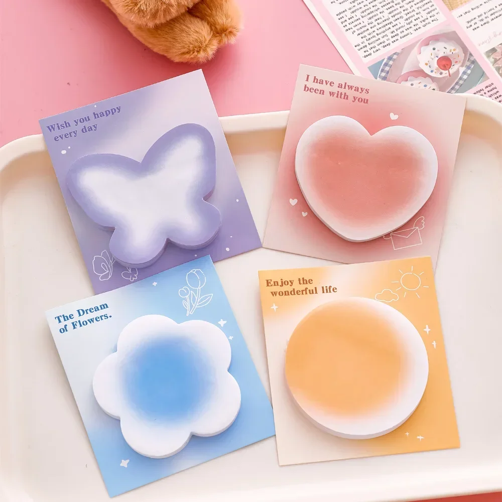 10 개/몫 Kawaii 메모 패드 나비 사랑 심장 꽃 귀여운 그라디언트 스티커 메모 어린이 메시지 스티커 학교 사무실 편지지