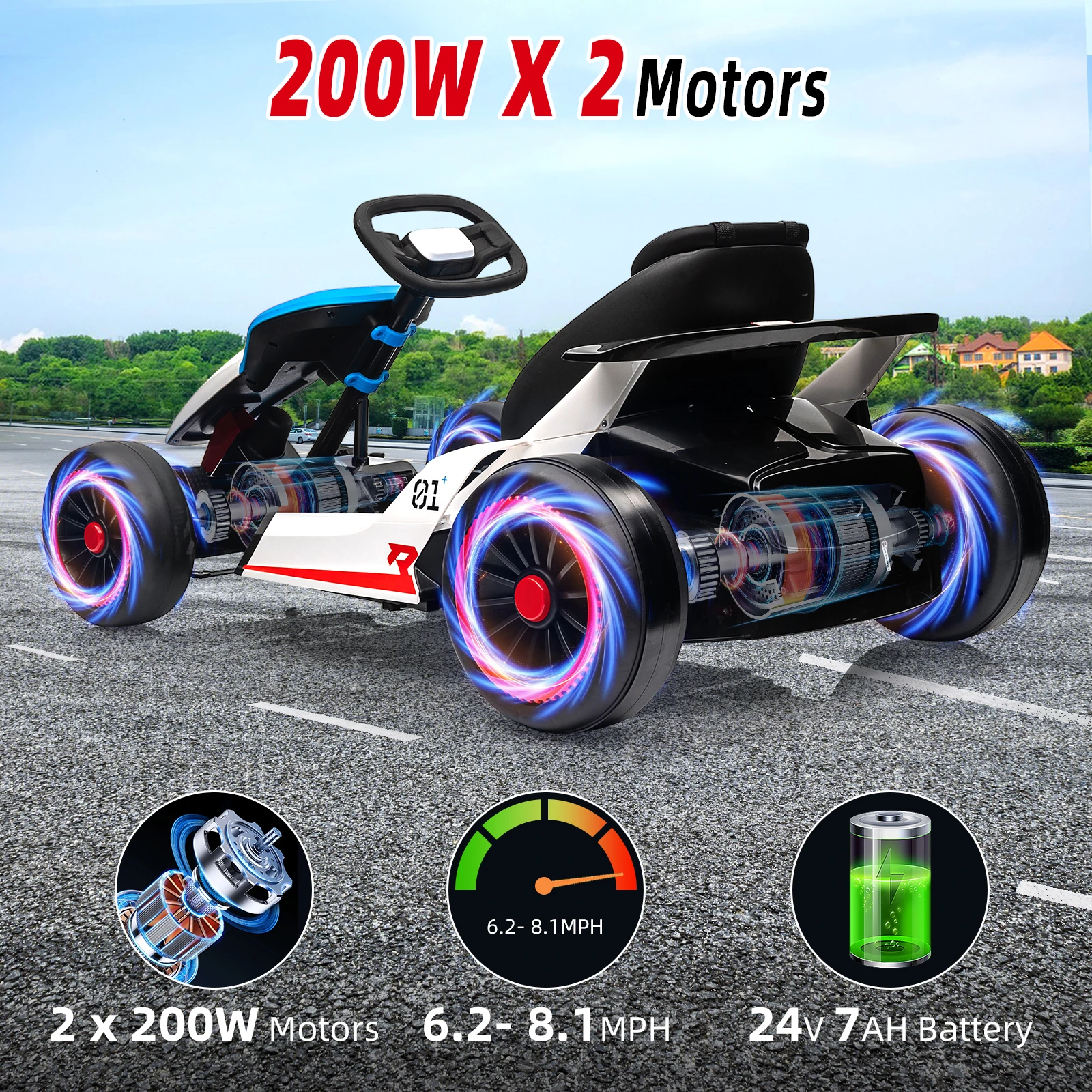 Go Kart for Kids 24V Drift Kart with 2X200W Strong Motor 7AH Big Battery Electric Pedals Electric Go Outdoor Race Toy