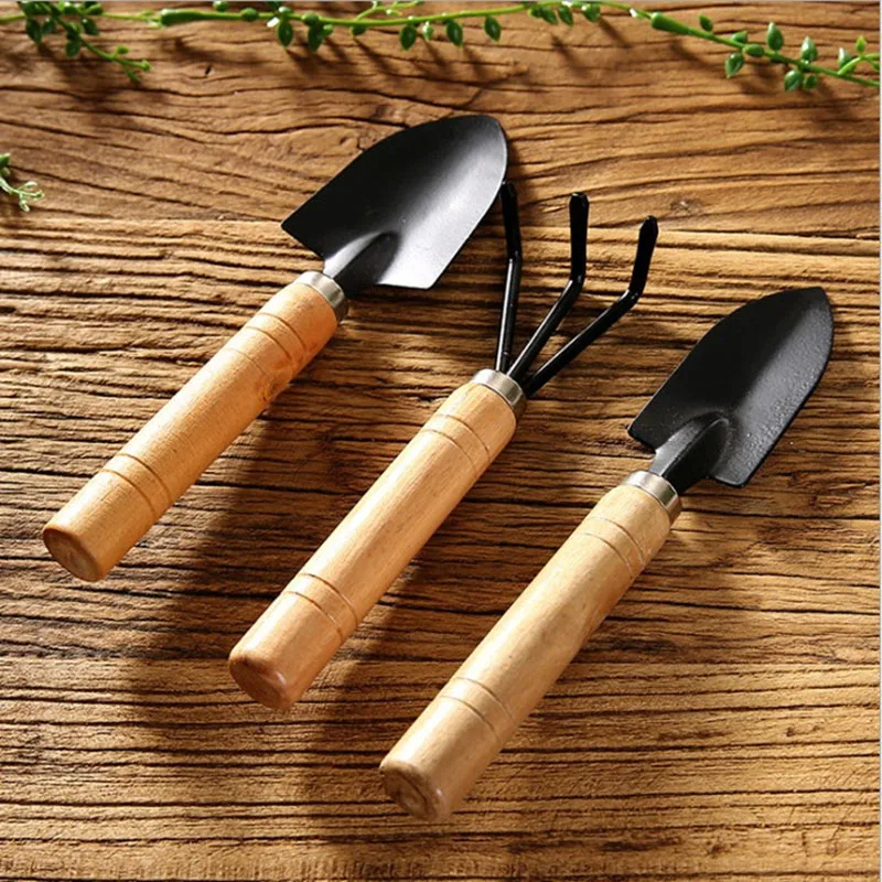 

3pcs Mini Garden Shovel Rake Spade Erramientas Bonsai Tools Set Wooden Handle for Flowers Potted Plant Garden Tools