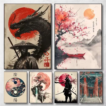 Peinture sur toile vintage pour chambre à coucher, samouraï japonais, bonsaï, nichoir, affiche d'art imprimée, galerie murale, art mural décoratif 1
