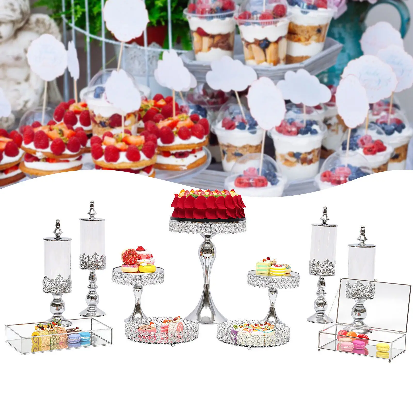 

Silver 11pcs Electroplate Metal Crystal Cake Stand Set Display Wedding Birthday Party Dessert Cupcake Plate Rack