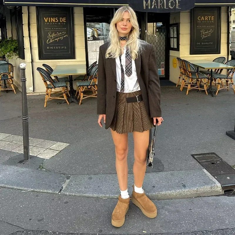 Fashion Blazers Women 2 Pieces Mini Skirt Sets Plaid Long Sleeve O-neck Top Pleat A-line Skirts 2025 Two Piece Set Female Outfit