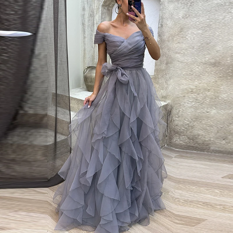

2023 Fashion Lady Hollow Backless Long Dresses Elegant Lace Up High Waist Prom Dress New Sexy V-neck Ruffled Mesh Evening Dress