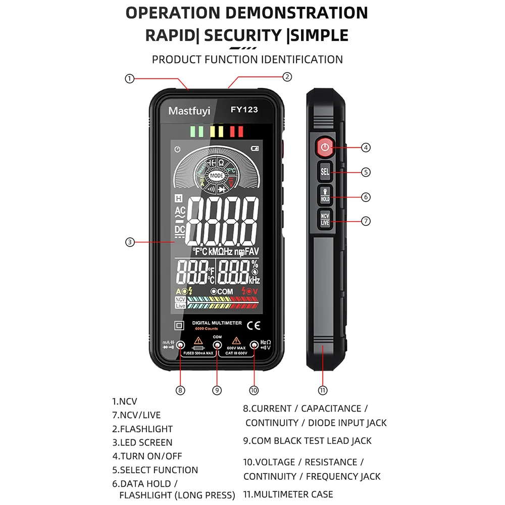 Mastfuyi FY123 Multimeter 6000 Counts True RMS Digital Multimeter 600V  AC/DC Voltage Current Resistance Continuity Capacitance