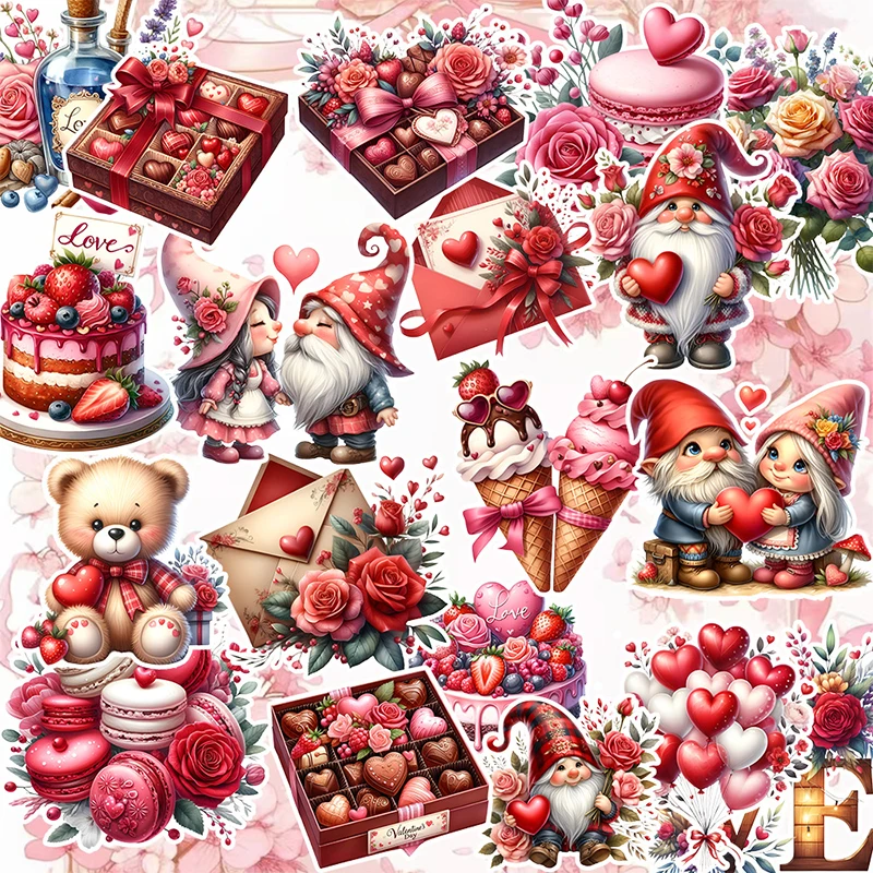 Valentine's Day Stickers Set of 20 Love Heart Gnome Rose Cake Pattern Red Romantic Valentine Stickers