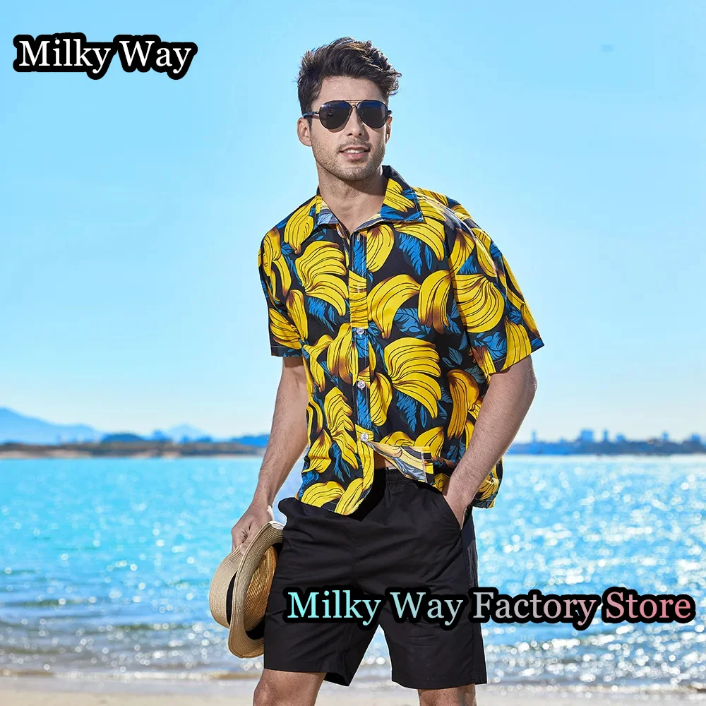 

Men Summer Hawaii Shirt Casual Short Sleeve Beach Clothing Male Banana Print Shirt Fashion Vacation Tops